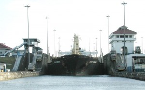 A freight ship moves between lock chambers of the Panama Canal &Acirc;&copy; Johantheghost | Wikimedia Commons