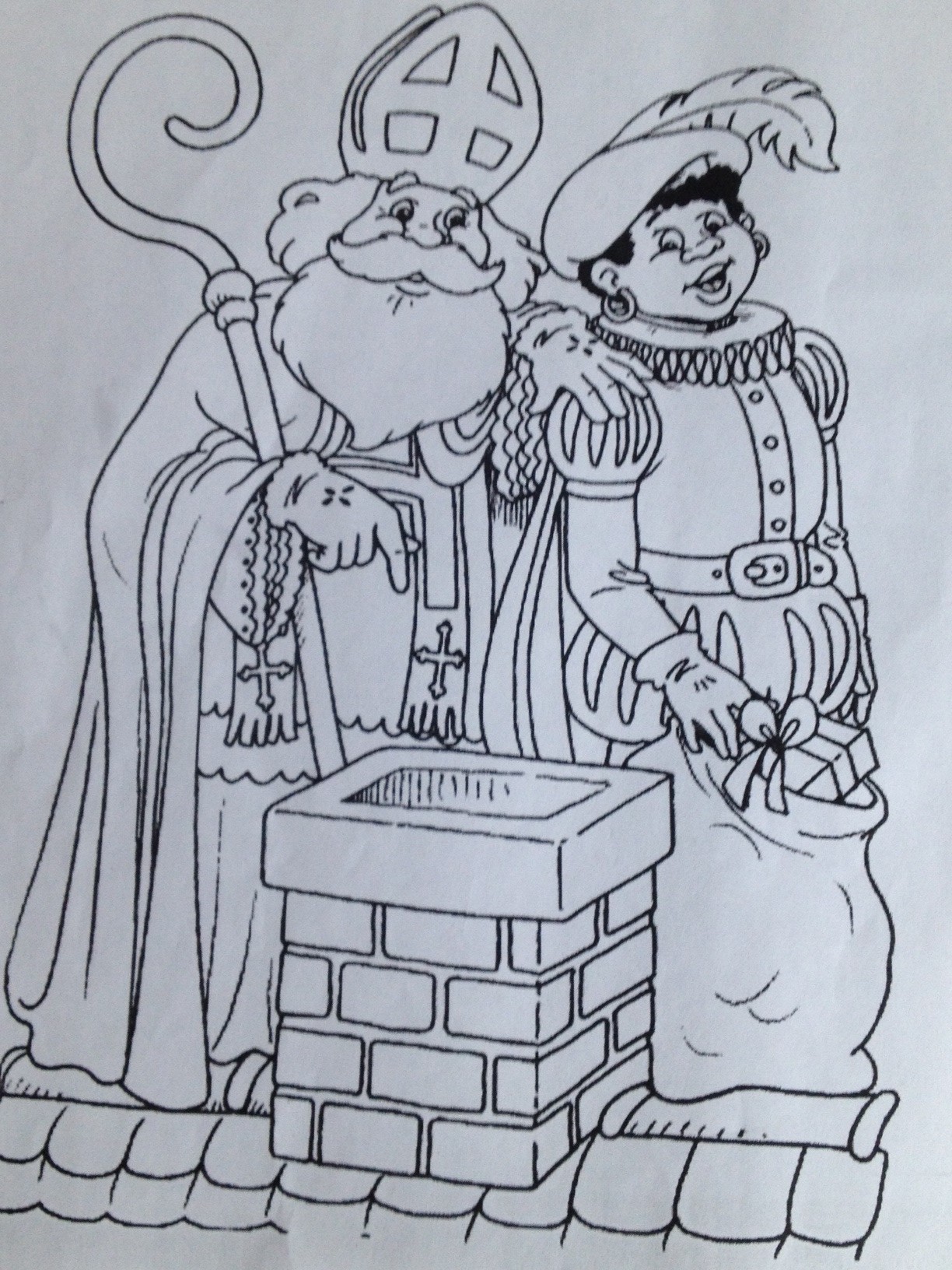 A Coloring Book Page Saint Nicholas Instructing Black Pete To Drop Presents In The Chimney