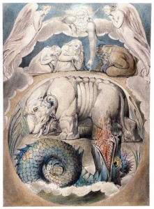 "Behemoth and Leviathan," by William Blake, 1805 (from the Butts set), representing representing the futility of questioning God, who alone has created these beings and who alone can capture them. © Unknown | The Morgan Library