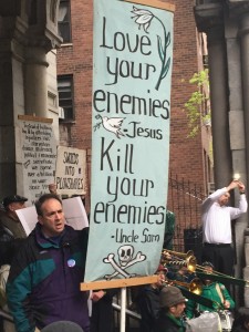 Outside the funeral of Daniel Berrigan at the Church of St. Francis Xavier 2016 © Jeremy Varon