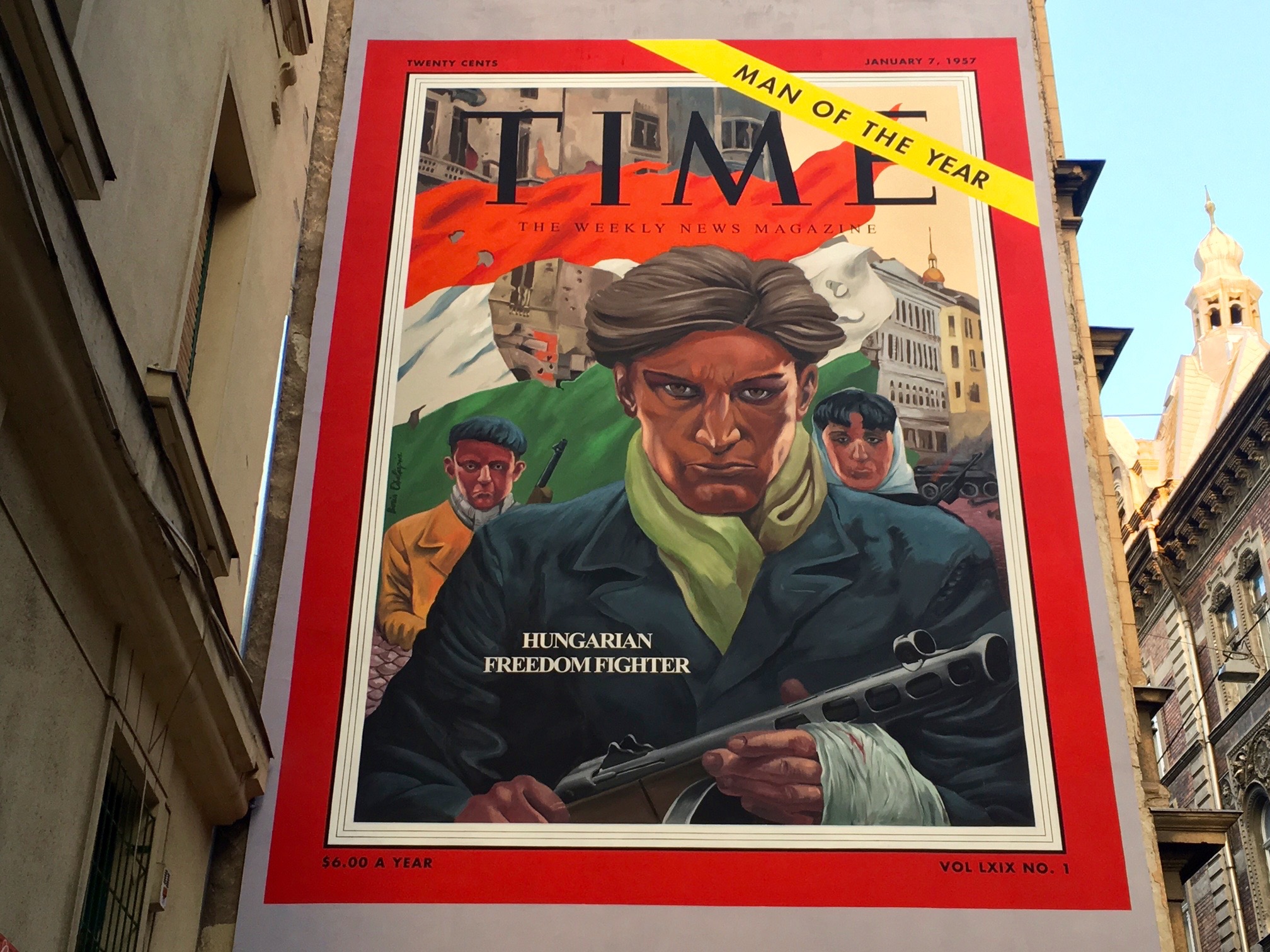 Time magazine cover from January 7, 1957, painted as a mural on a Budapest apartment building © Virág Molnár