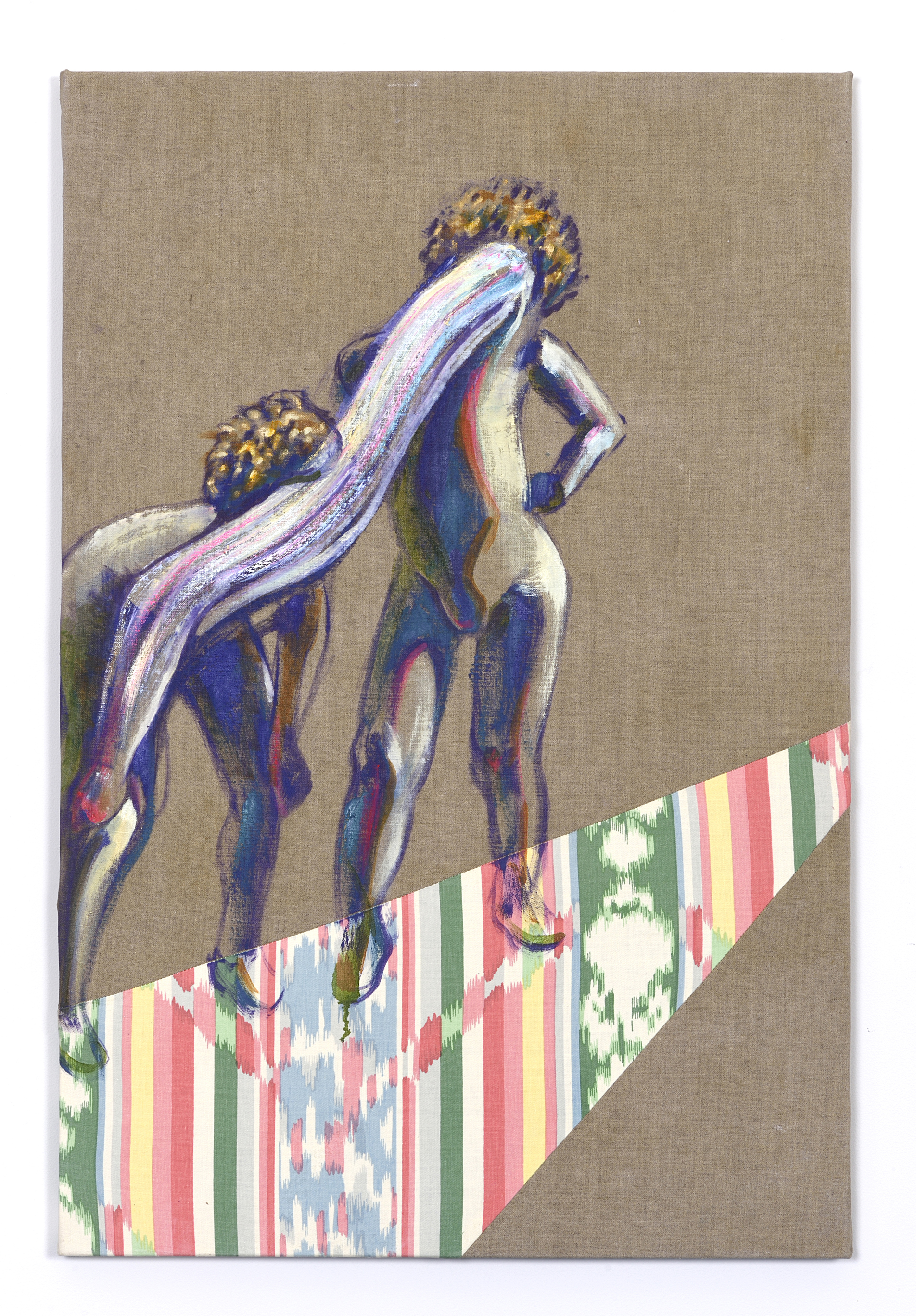 The Phallus and the Meteor, oil on raw linen and sewn fabric, 2016, 24 x 36 inches