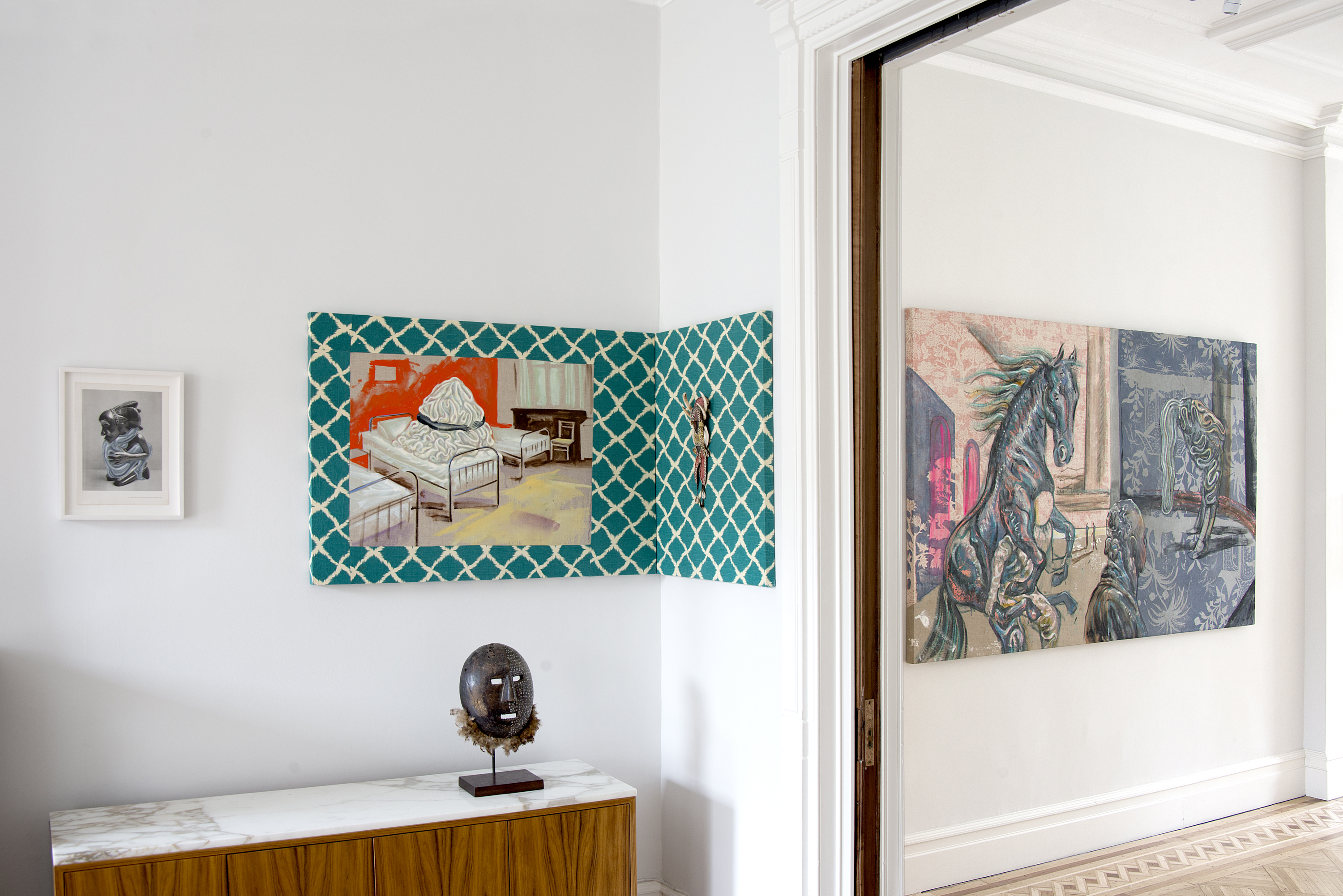 Sweet Sleeping Draughts, 2016, oil on raw linen and sewn fabric, 51 x 31 inches