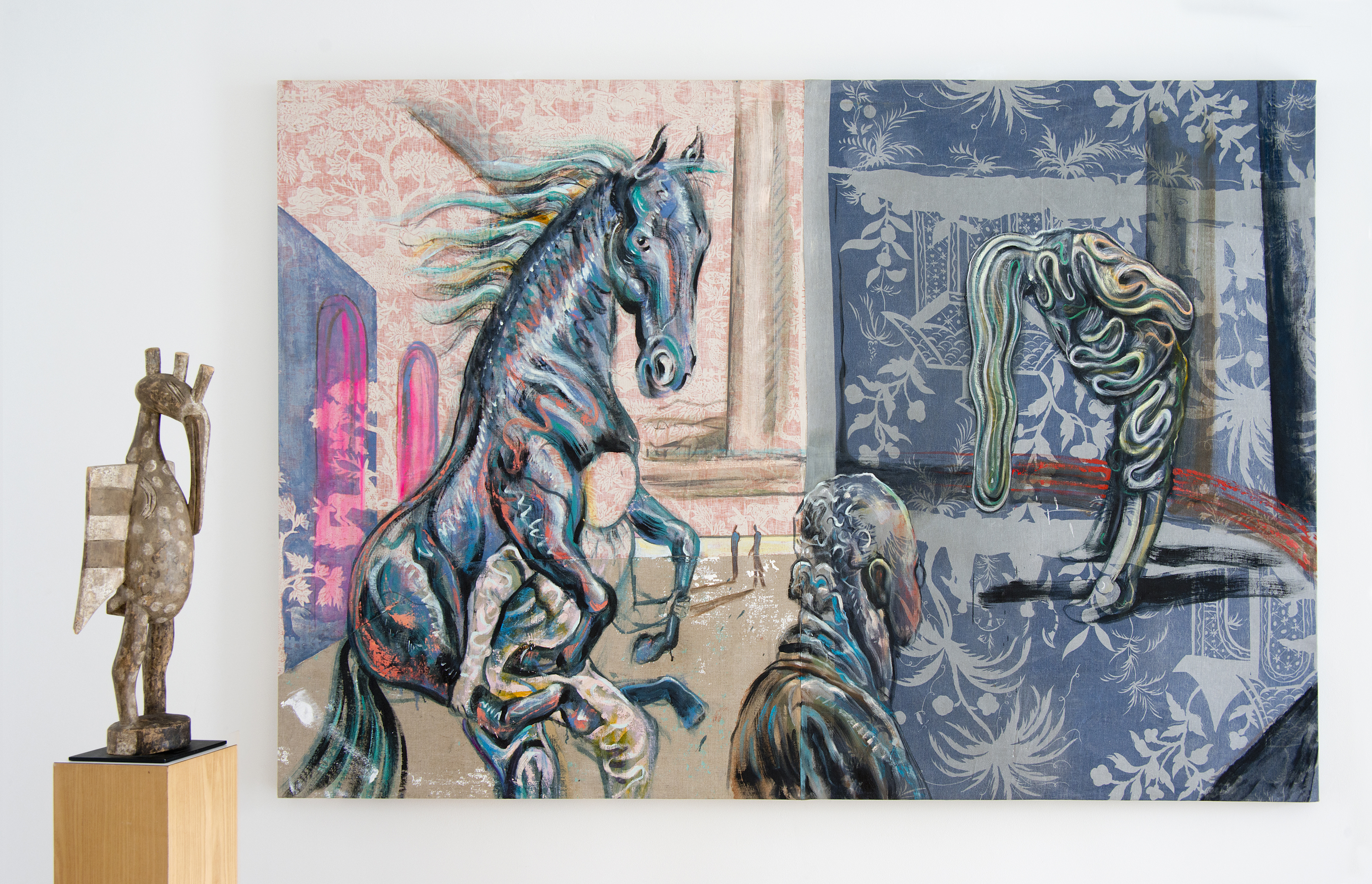 The Choleric Bell Barks at Noon, 2016, oil on raw linen and sewn textile, 86 x 54 inches