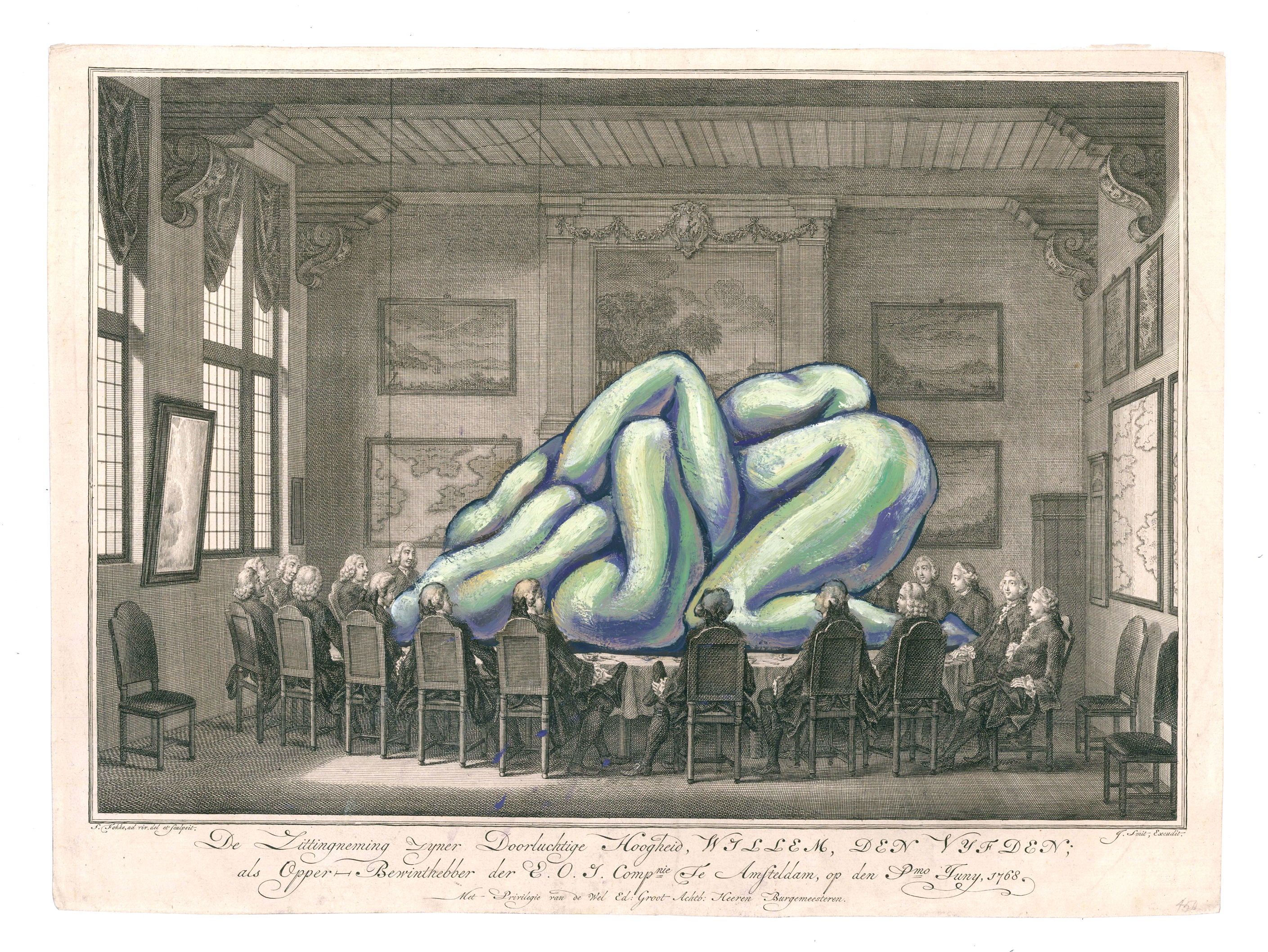 Her Majesty's Pleasure, 2016, oil on 18 c. engraving, 16 X 11 ¾ inches