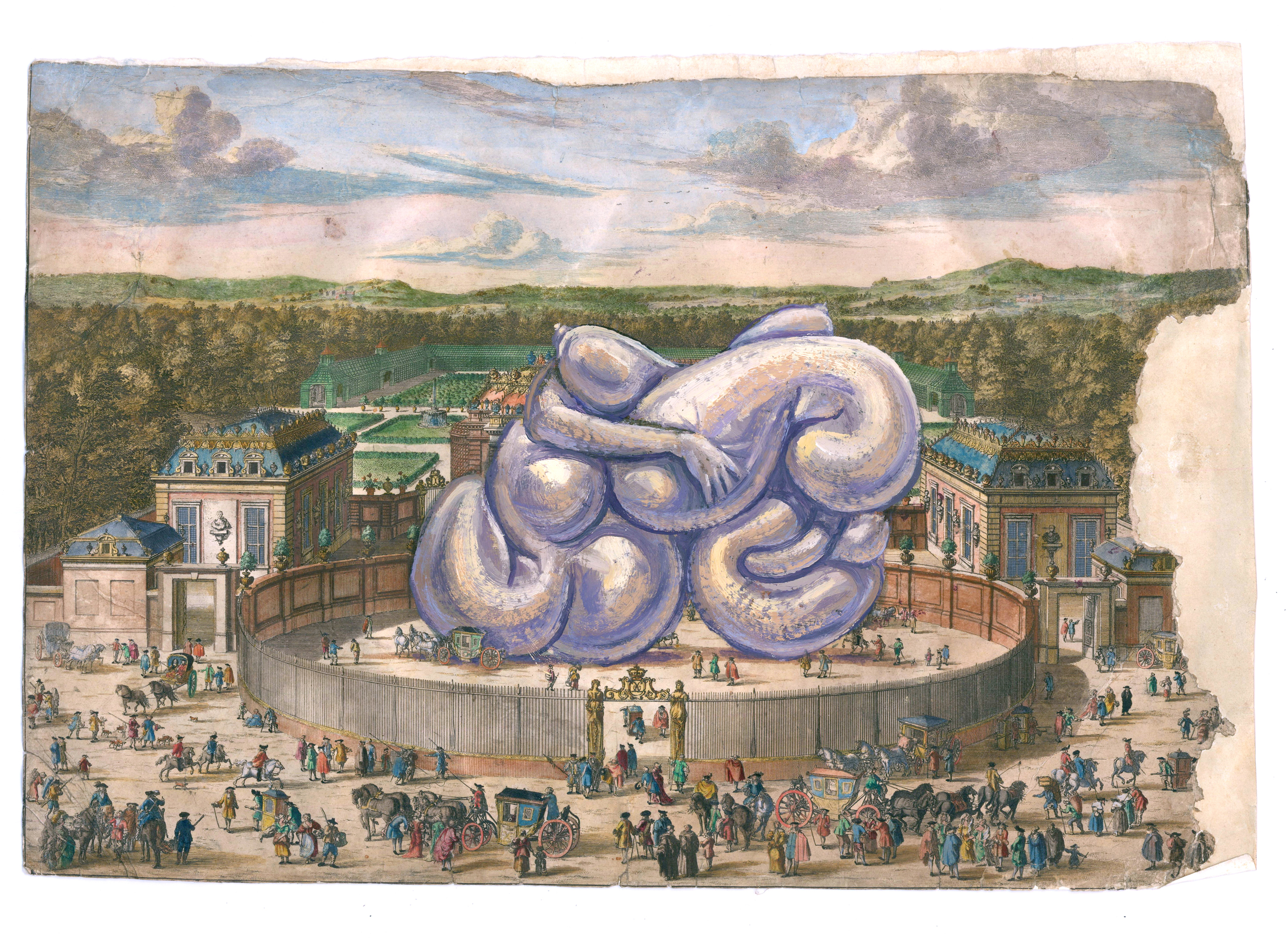 Vanity Fair, 2016, oil on antique hand-colored engraving, 9 1/2 x 13 ½ inches