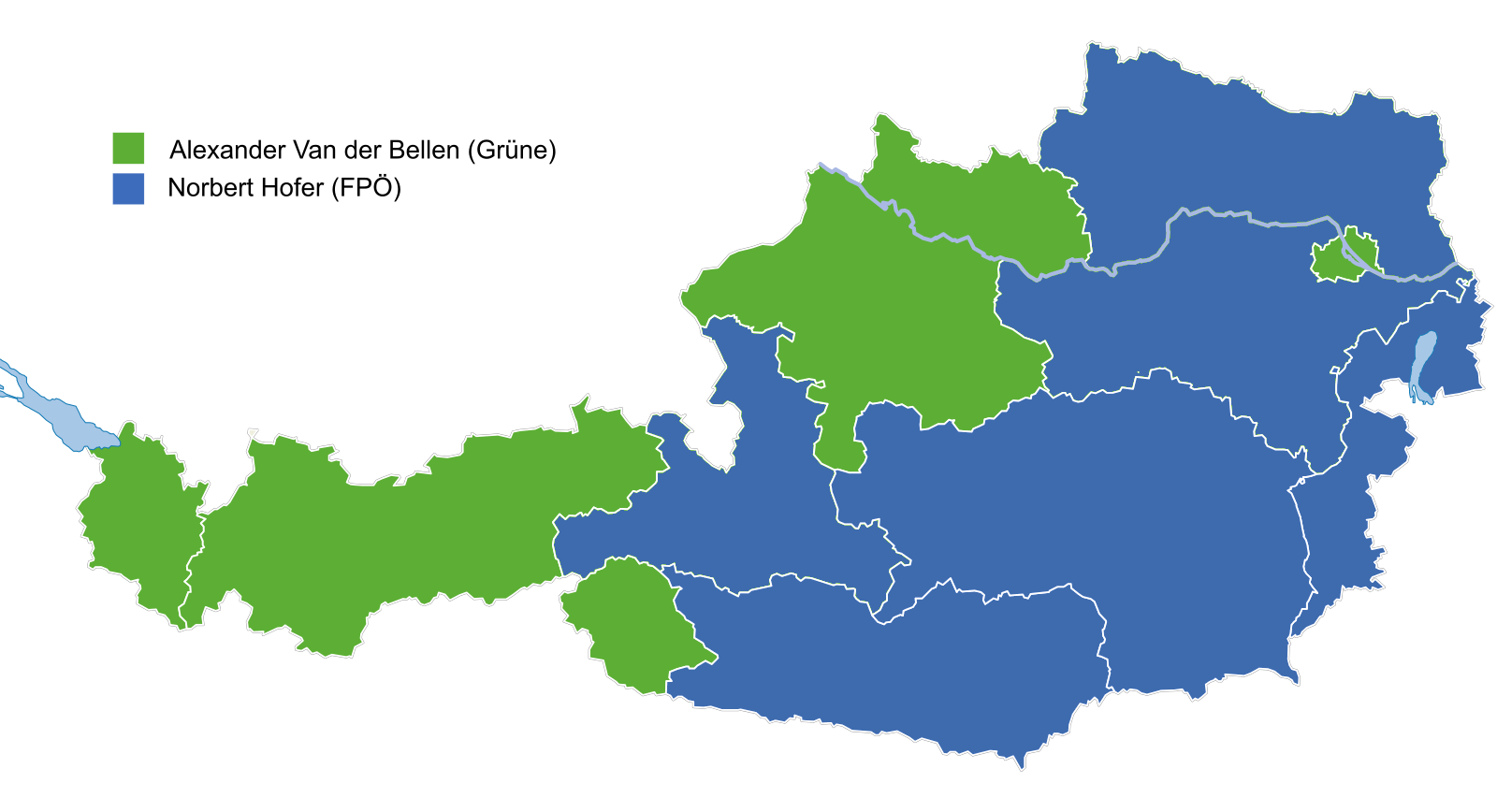 Results by state of initial (annulled) second round from the 2016 Austrian presidential election.  Furfur | Courtesy of the author