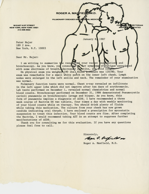 Peter Hujar's diagnostic letter altered with a drawing of two men kissing, from DW's "Fuck You Faggot-Fucker" series © David Wojnarowicz | AIDS at Home: Art and Everyday Activism